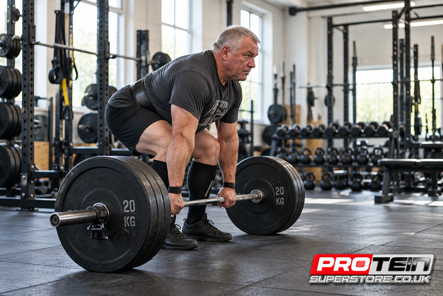 AI-generated editorial illustration: Older adult lifter preparing a deadlift in a daylight gym, with Protein Superstore branding.