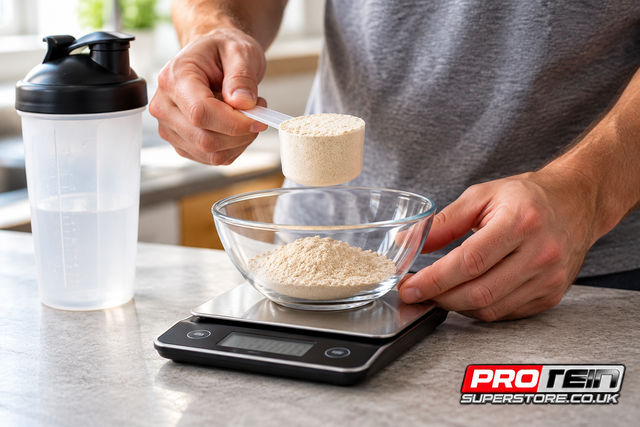 AI-generated editorial illustration: Hands weighing protein powder on a kitchen scale, with Protein Superstore branding.