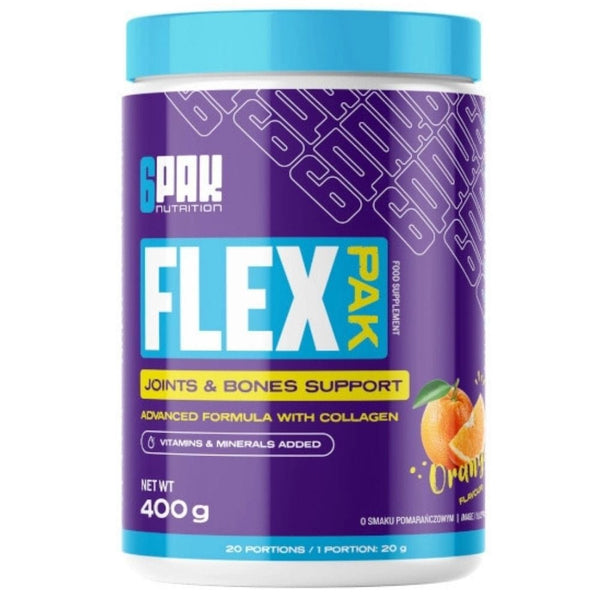 6PAK Flex Pak - Hydrolyzed Collagen + MSM + Glucosamine Sulphate, Orange Flavour - 400 g