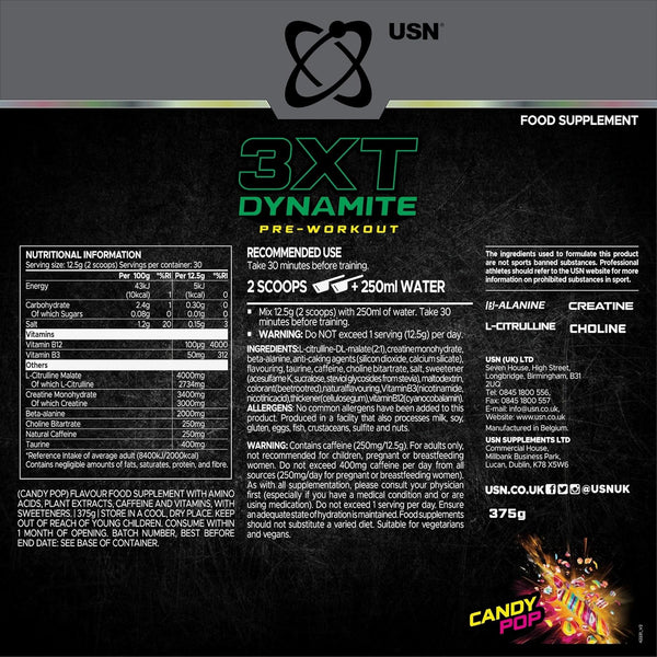 Nutritional label for USN 3XT Dynamite pre-workout supplement on a black background.