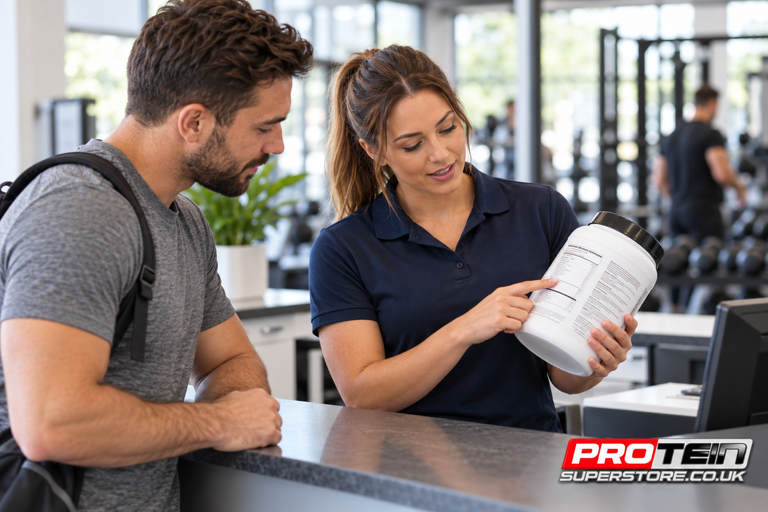 AI-generated editorial illustration: Trainer and gym member comparing a protein label, with Protein Superstore branding.