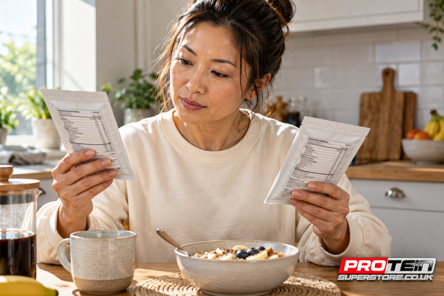 AI-generated editorial illustration: Consumer comparing the labels of two protein sachets, with Protein Superstore branding.