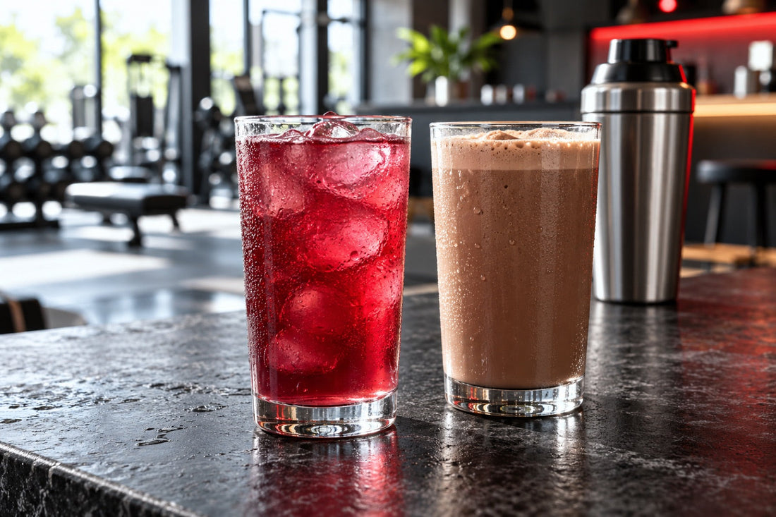 A clear berry drink and a creamy chocolate protein shake in an illustrative gym setting