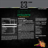 Nutritional label for USN 3XT Dynamite pre-workout supplement on a black background.