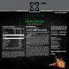 Nutritional label for USN 3XT Dynamite pre-workout supplement on a black background.
