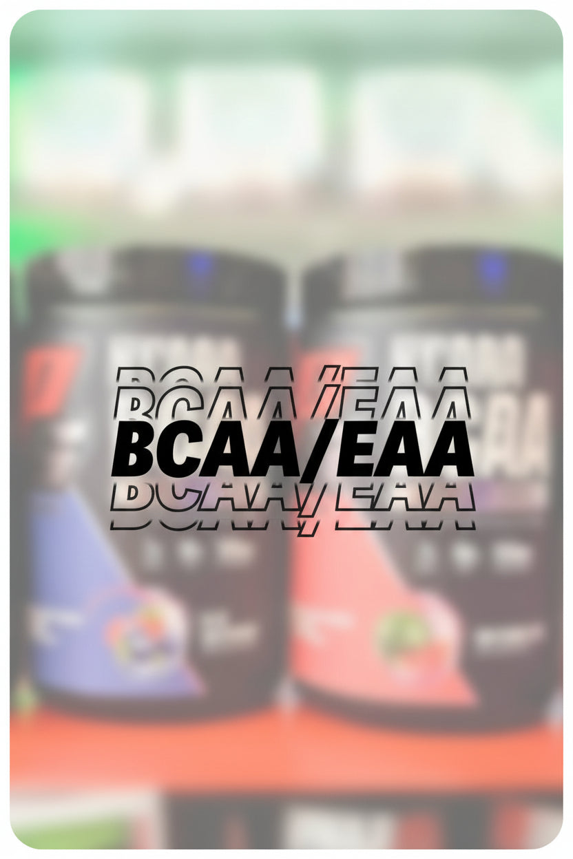 Two containers labeled BCAA/EAA on a blurred background