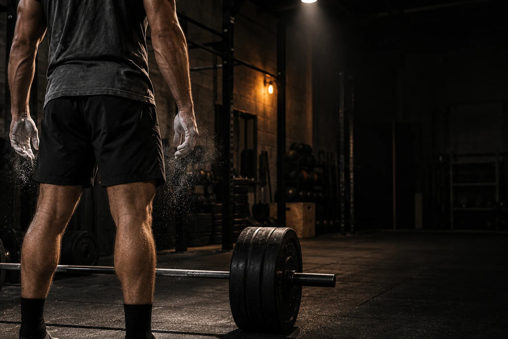 An athlete beside a barbell in a dark gym
