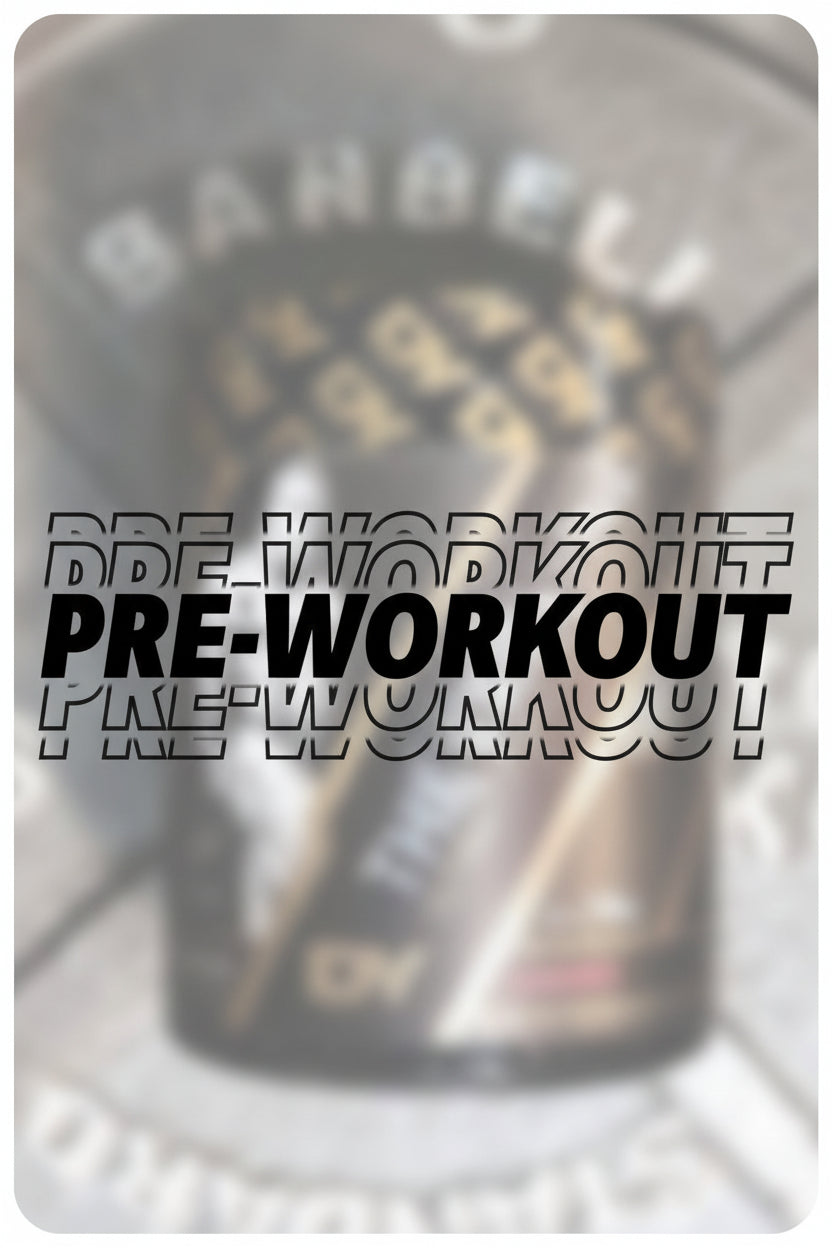 Pre-workout supplement container with text overlay on a blurred background