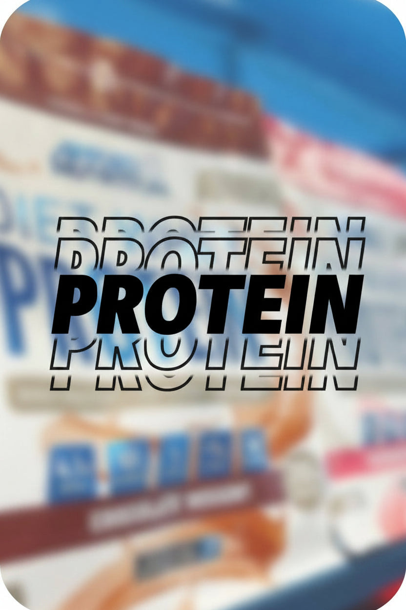 Blurred image of protein powder containers with 'PROTEIN' text overlay.